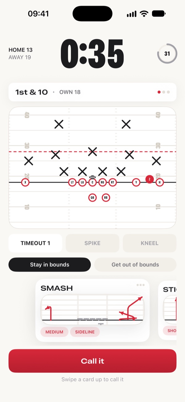 A drive in progress: the game clock reads 0:35, the play clock 39, and the defence is shown above the line of scrimmage with a deck of calls below.